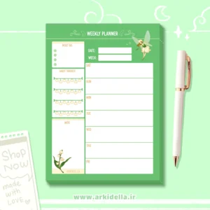 پلنر هفتگی سبز با طرح پری و گل موگه سایز A5